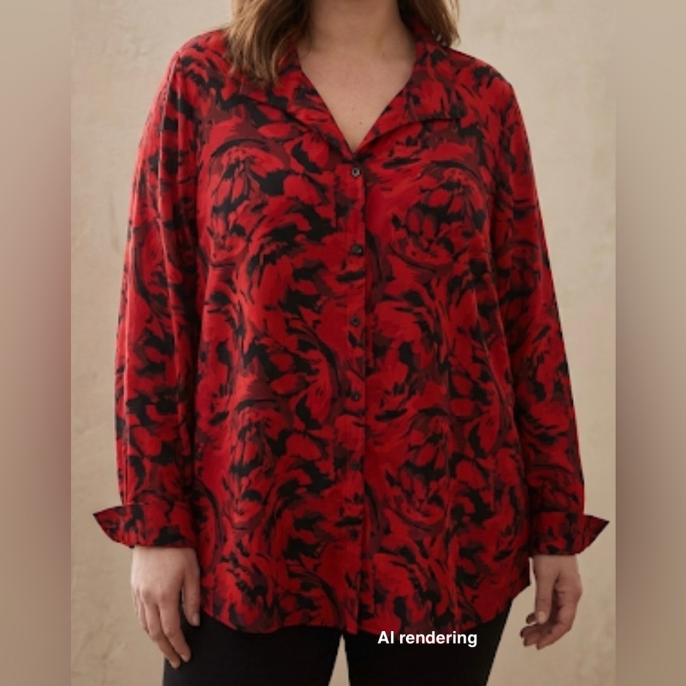 CATHERINES Womens Red & Black Floral Print Button Front Blouse | 4X  30/32W